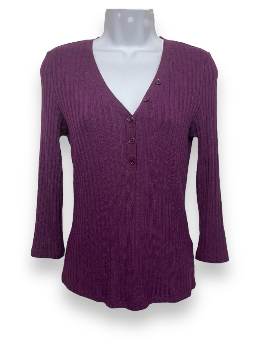 Liverpool Ribbed V-Neck Henley Top in Plum